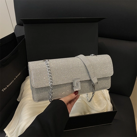 Glitter Sequin Evening Clutch Bag For Women Metal Chain Strap S-Shaped Buckle Shoulder Crossbody Bag Party Banquet Handbag