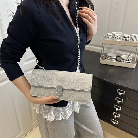 Glitter Sequin Evening Clutch Bag For Women Metal Chain Strap S-Shaped Buckle Shoulder Crossbody Bag Party Banquet Handbag
