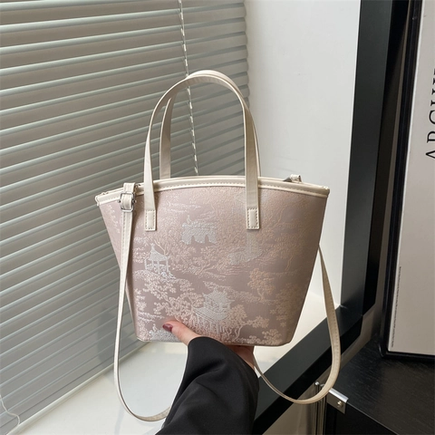 Orientalischer Bestickter Tote Bag Für Damen Vintage Landschaft Jacquard Schultertasche Pendler Handtasche Elegante Arbeitstasche