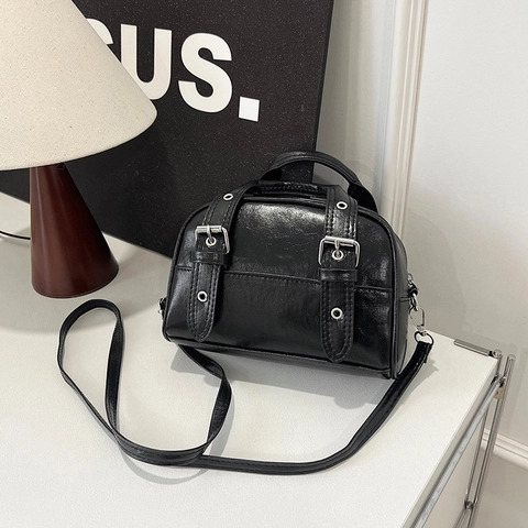 Borsa Boston Retrò in Pelle PU Donna Vintage Piccola Borsa a Tracolla Quadrata Cinturini Doppia Fibbia Hardware Argento