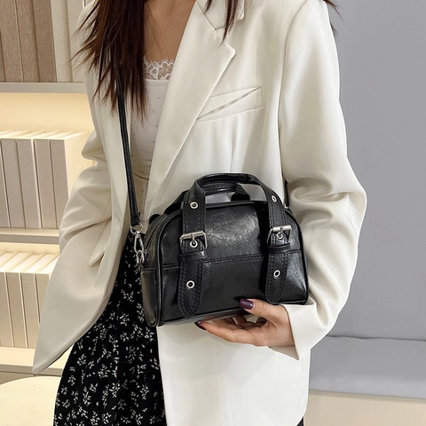 Borsa Boston Retrò in Pelle PU Donna Vintage Piccola Borsa a Tracolla Quadrata Cinturini Doppia Fibbia Hardware Argento