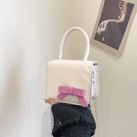 Borsa Quadrata Mini Con Fiocco Dolce da Donna in Pelle PU Colore a Contrasto Borsa a Mano Con Tracolla a Catena per Ragazze