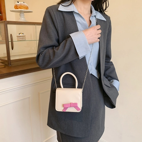 Borsa Quadrata Mini Con Fiocco Dolce da Donna in Pelle PU Colore a Contrasto Borsa a Mano Con Tracolla a Catena per Ragazze