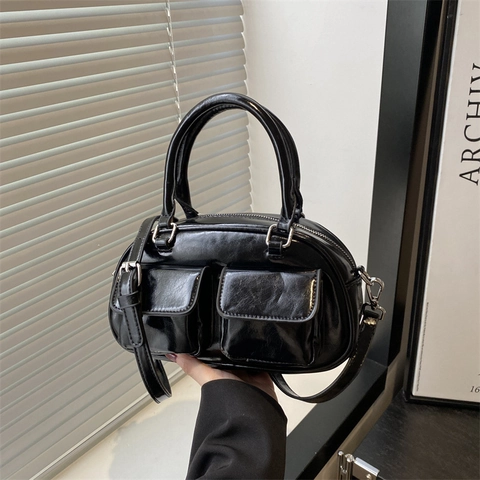 Retro Glänzendem PU-Leder Bowlingtasche Für Damen Trendy Doppeltaschen Achseltasche Verstellbare Umhängetasche Schultertasche
