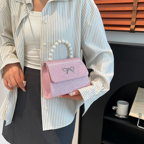 Bolso Bandolera de Lentejuelas para Mujer Con Asa de Perlas Artificiales Elegante Detalle de Lazo Brillo Bolso Cuadrado Pequeño para Fiesta