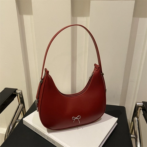 Women Fashion Bowknot PU Leather Underarm Bag Trendy Versatile Crescent Hobo Shoulder Bag Elegant Solid Color Handbag For Girls