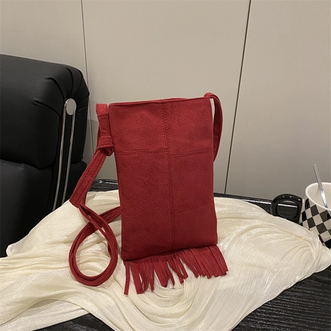 Borsa a Tracolla Vintage in Finta Pelle Scamosciata con Nappe da Donna Borsa per Cellulare Verticale con Frange Retrò