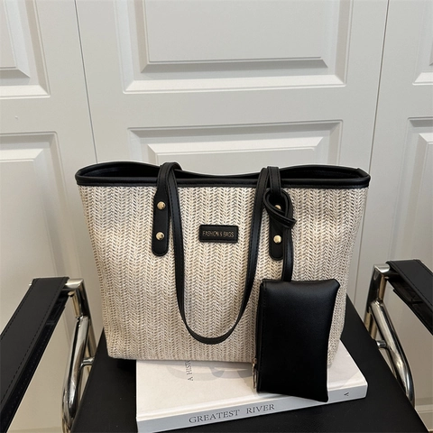Sac Cabas en Paille Tissé à la Mode pour Femmes Grande Capacité Sac à Épaule Avec Petite Pochette Style Coréen Vacances de Plage Été