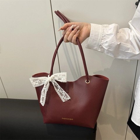 Bolso Tote de Cuero PU para Mujer Lazo de Encaje Gran Capacidad Bolso de Hombro Color Sólido Casual Fashion Bag Bolso de Axila