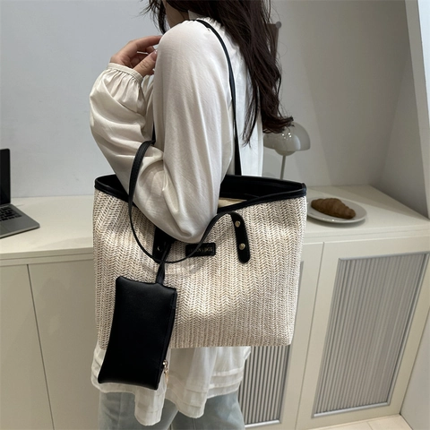 Sac Cabas en Paille Tissé à la Mode pour Femmes Grande Capacité Sac à Épaule Avec Petite Pochette Style Coréen Vacances de Plage Été