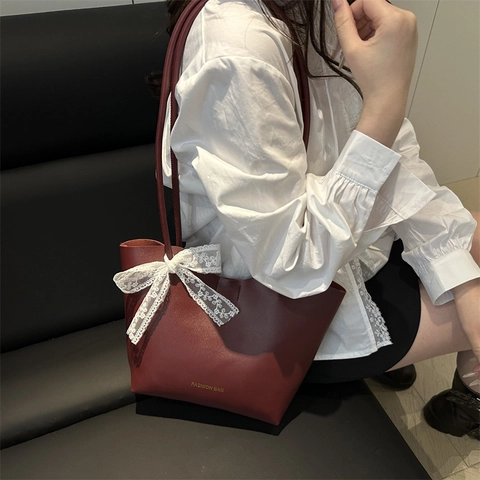 Bolso Tote de Cuero PU para Mujer Lazo de Encaje Gran Capacidad Bolso de Hombro Color Sólido Casual Fashion Bag Bolso de Axila