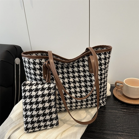 Ensemble Sac Fourre-Tout Vintage en Tissu Tissé Pied-de-Poule Avec Pochette Assortie Sac à Épaule Femme Grande Capacité Chic