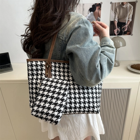 Ensemble Sac Fourre-Tout Vintage en Tissu Tissé Pied-de-Poule Avec Pochette Assortie Sac à Épaule Femme Grande Capacité Chic