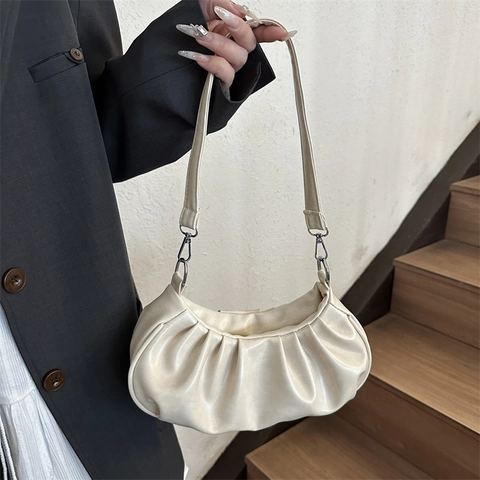 Women Ruched Underarm Bag PU Leather Fashion Solid Color Handbag For Daily Commuting Korean Style Crescent Shoulder Bag