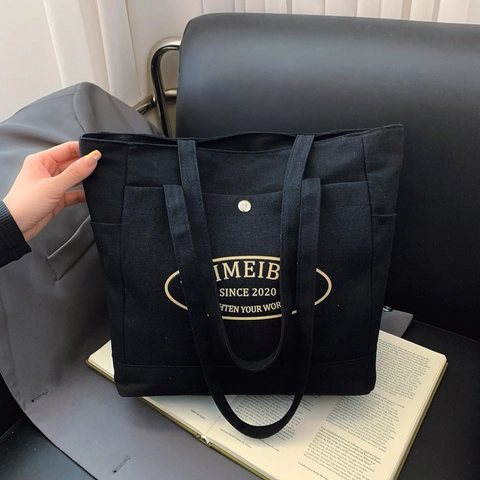 Women Large Capacity Canvas Tote Bag Casual Minimalist Letter Print Shoulder Bag For College Students Commuter Handbag