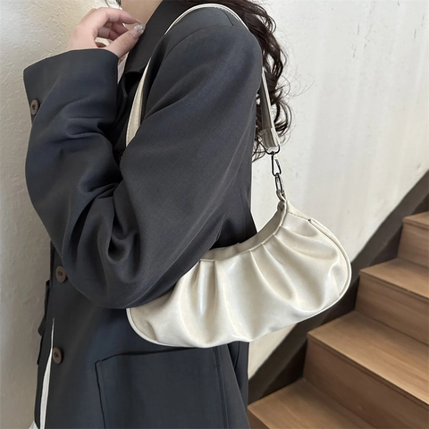 Women Ruched Underarm Bag PU Leather Fashion Solid Color Handbag For Daily Commuting Korean Style Crescent Shoulder Bag