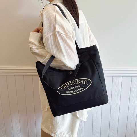 Women Large Capacity Canvas Tote Bag Casual Minimalist Letter Print Shoulder Bag For College Students Commuter Handbag