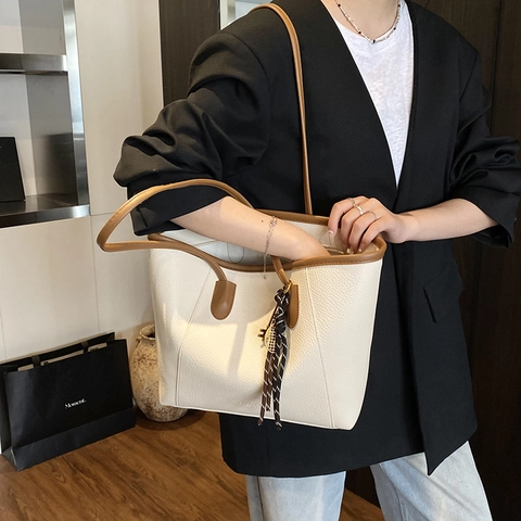 Vintage PU Leather Tote Bag For Women Large Capacity Litchi Pattern Shoulder Bag Solid Color Commuter Handbag Elegant Work Bag