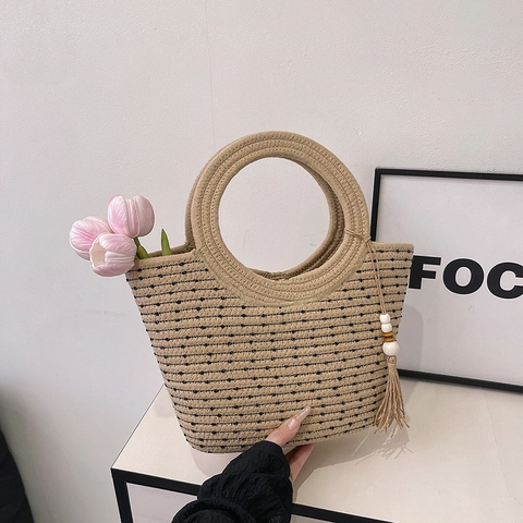 Damen Sommer Stroh Gewebte Handtasche Runder Griff Strand Urlaub Tragetasche Mit Quaste Holzperlen Punktmuster Pastoraler Stil
