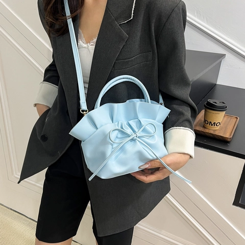 Bolso Nube Fruncido para Mujer Cuero PU con Lazo Bolso de Bandolera de Moda Coreana Color Sólido para Diario Fiesta