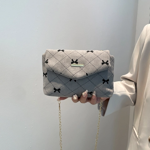 Women Fashion Corduroy Crossbody Bag Sweet Bow Heart Cherry Strawberry Print Chain Shoulder Bag Small Square Flap Bag