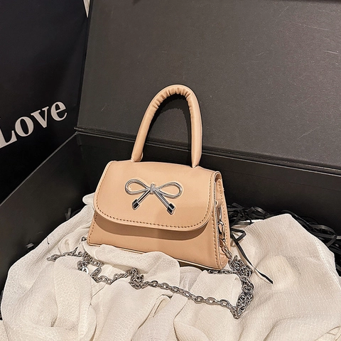 Women Mini Bow PU Leather Crossbody Bag Elegant Metallic Bow Accent Shoulder Bag Small Square Chain Strap Handbag Fashion Daily Party