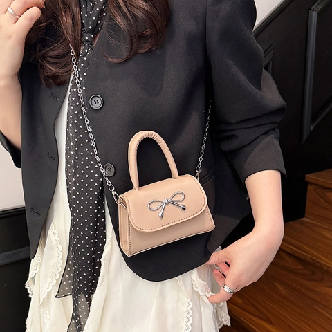 Women Mini Bow PU Leather Crossbody Bag Elegant Metallic Bow Accent Shoulder Bag Small Square Chain Strap Handbag Fashion Daily Party