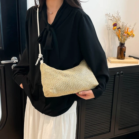 2025 Mode Vintage Strohgeflecht Tote Bag Für Damen Casual Große Kapazität PU Lederriemen Crossbody Umhängetasche Sommer Strand Urlaub Ästhetische Handtasche