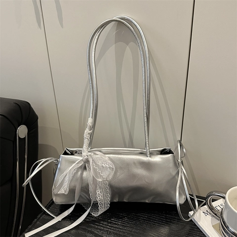 Damen Große Kapazität PU Leder Schultertasche Elegante Spitzenschleife Tunnelzug Achseltasche Metallische Textur Pendler Tote Bag