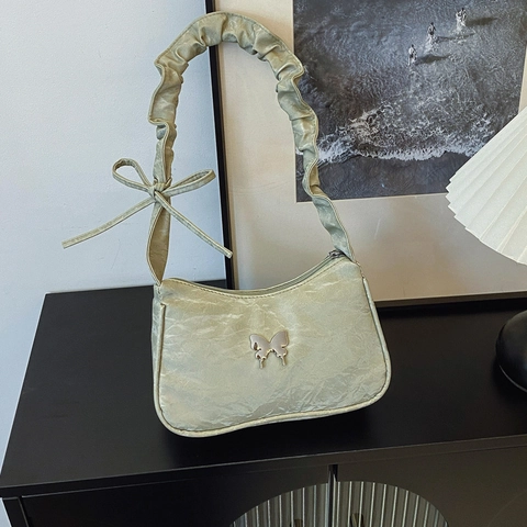 Bolso de Axila de Cuero PU de Diseño de Nicho Francés para Mujer Hebilla de Mariposa de Metal Asa con Volantes Lazo Bolso de Hombro