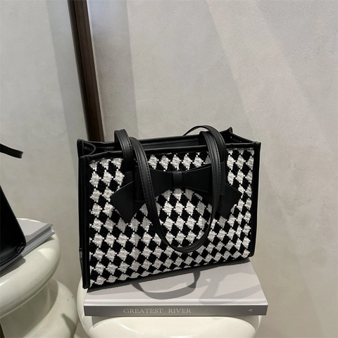 Damen Gitter Karo Schleife Tragetasche Retro Webstoff PU Leder Handtasche Mode Große Kapazität Schulter Unterarmtasche