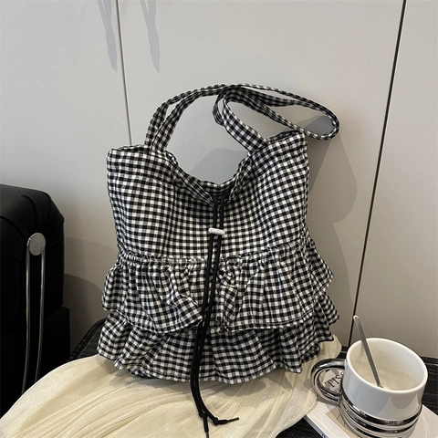 Sac Cabas à Volants Gingham pour Femmes Grande Capacité Sac à Bandoulière en Toile Doux avec Cordon de Serrage