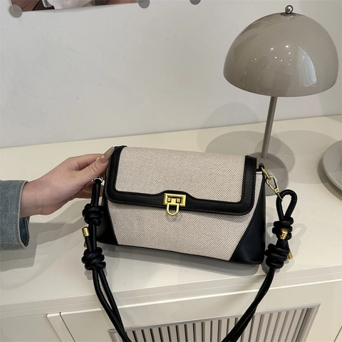 Vintage French Contrast Stitching Patchwork Canvas PU Leather Crossbody Bag For Women Fashion Knot Strap Small Square Bag