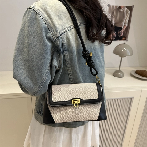 Vintage French Contrast Stitching Patchwork Canvas PU Leather Crossbody Bag For Women Fashion Knot Strap Small Square Bag