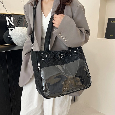 Japanese Style PU Leather Ita Bag For Women Large Capacity Transparent PVC Window Tote Crossbody Bag Heart Metal Buckle Stitching Shoulder Bag