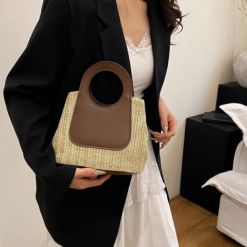 Vintage Patchwork Straw Handbag Large Capacity Circular Handle Straw Woven Tote Bag For Women Casual Beach Vacation Fashion Bag