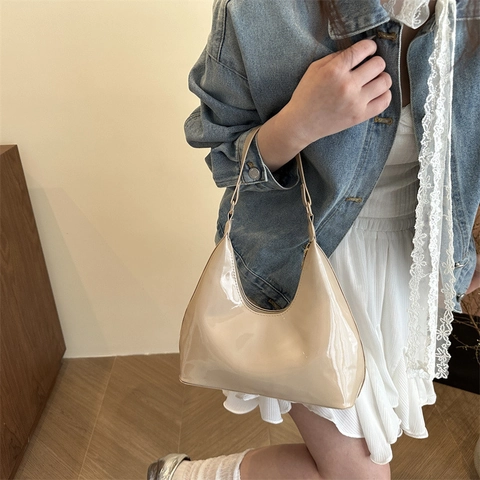 Bolso Hobo de Charol Minimalista Francés para Mujer Color Sólido Brillante Bolso de Axila Versátil de Moda