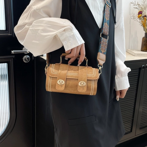 Vintage PU Leather Barrel Crossbody Bag For Women Ethnic Pattern Wide Strap Cylindrical Shoulder Bag Retro Small Square Bag