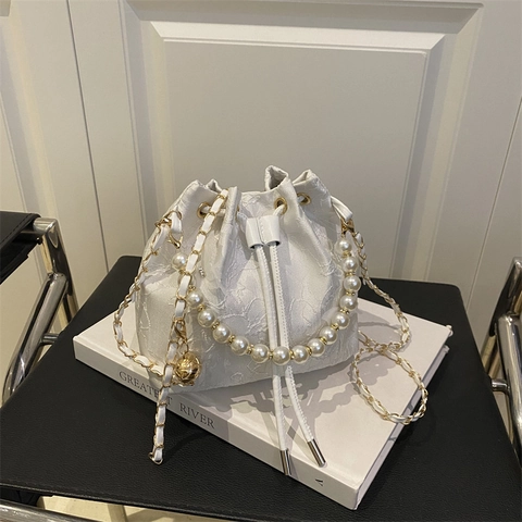 Borsa a Secchiello da Donna in Nuovo Stile Cinese Con Ricamo Floreale Manico in Perla Artificiale Borsa a Tracolla in Pizzo Jacquard