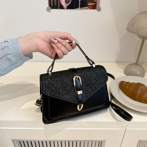 Bolso Bandolera de Cuero PU con Lentejuelas para Mujer Bolso de Mano Cuadrado Empalmado Elegante Bolso de Hombro de Viaje