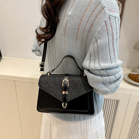 Bolso Bandolera de Cuero PU con Lentejuelas para Mujer Bolso de Mano Cuadrado Empalmado Elegante Bolso de Hombro de Viaje