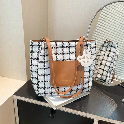 Damen Hahnentritt Tweed Tote Bag PU Leder Patchwork Große Kapazität Schultertasche Mit Katzenanhänger Mode Casual Handtasche