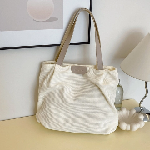 Women Casual Corduroy Tote Bag Large Capacity Solid Color Shoulder Bag For Commuting Lightweight Top Handle Handbag