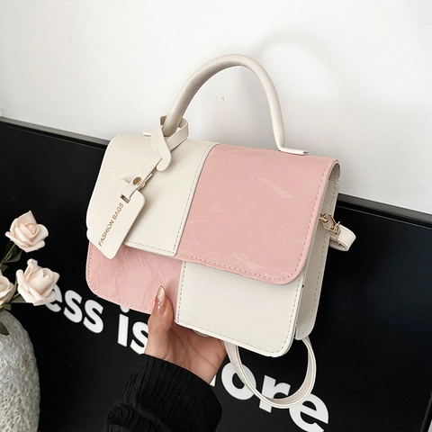 Fashion Color Block PU Leather Small Square Crossbody Bag For Women Trendy Stitching Contrast Shoulder Bag Handbag With Tag