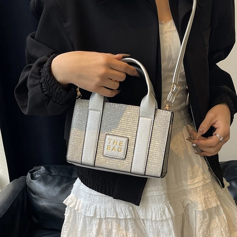 Koreanische Mode PU Pailletten Litschi Muster Tote Kleine Quadratische Umhängetasche Handtasche Reißverschluss Street Trend Damen Tasche
