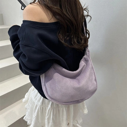 Sac Cabas en Velours Côtelé Style Coréen Grande Capacité Loisirs Sac Bandoulière Léger Sac Épaule Esthétique Coréenne Hobo Demi-lune pour Femmes
