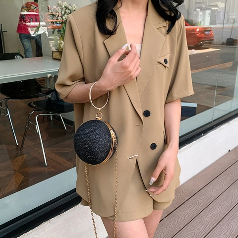 Spherical Evening Bag For Women Glitter Sequins Round Handle Rhinestone Shoulder Handbag Solid Color Clutch Crossbody Bag