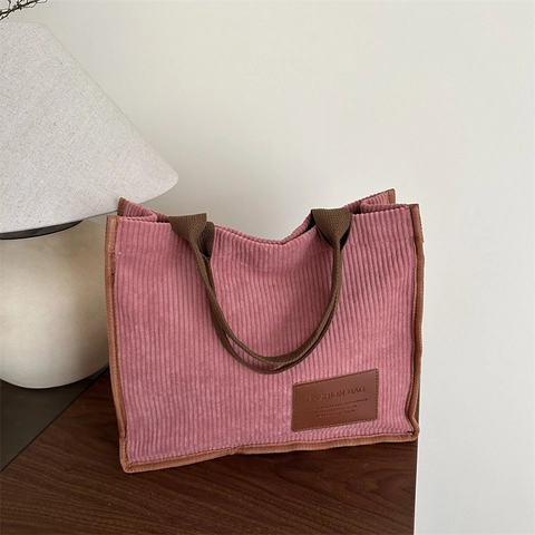 Women Corduroy Tote Bag Large Capacity Retro Solid Color Shoulder Bag Leather Patch Daily Commuting Handbag School Bag