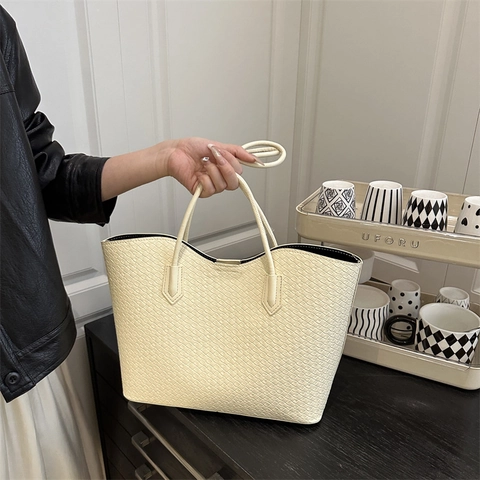 Bolso Tote Tejido de Gran Capacidad para Mujer Vintage Color Sólido Bolso de Hombro Con Bolsa Interior Versátil para Compras