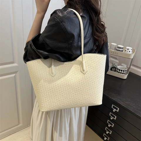 Bolso Tote Tejido de Gran Capacidad para Mujer Vintage Color Sólido Bolso de Hombro Con Bolsa Interior Versátil para Compras